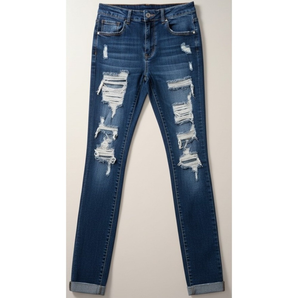 SHEIN Ripped Raw Cut Skinny Dark Blue Distressed Stretchโ Women's Jeans Size M 6